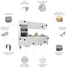 Armário de Cozinha Com Tampo CP05 260cm Pérola Branco Z34     - Mpozen