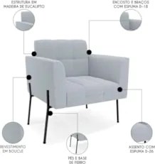 Poltrona Para Sala Pé Metal Preto Kit 2 Ana Bouclé Cinza - Ibiza