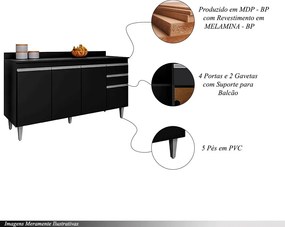 Conjunto Balcão de Cozinha com Tampo Dodoma MDP/BP Preto G96 - Gran Belo