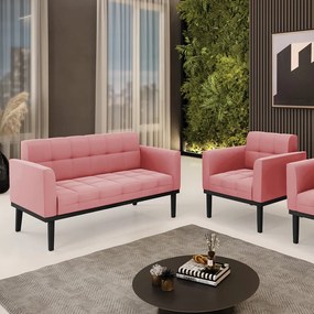 Sofá Namoradeira e Poltrona Base de Madeira Preto Elisa Suede D03 - D'Rossi - Rose