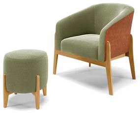Poltrona e Puff Decorativo Base Madeira Stella PU Nozes/Bouclê D03 - D'Rossi - Pistache