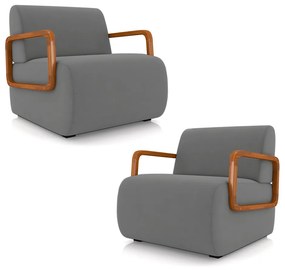 Kit 2 Poltronas Decorativa Sala de Estar Odessa Braços em Madeira Veludo Cinza G33 - Gran Belo