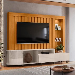 Estante de TV 70 Pol 243cm Ripado Sala de Estar Nivora M20 - D'Rossi - Cinamomo e Off White