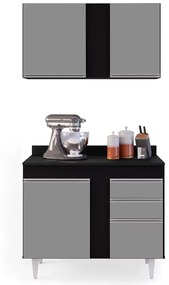 Kit Armário Aéreo e Balcão de Cozinha Lavanderia Aurora com Tampo 100 cm - D'Rossi - Preto e Cinza