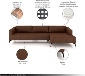Sofá Bipartido Sala de Estar Kiara 352cm Chaise Direito Pés de Ferro Couro Caramelo Manchado G52 - Gran Belo