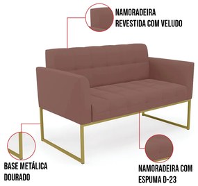 Kit 1 Sofá Namoradeira e 1 Poltrona Elisa Veludo Base Metálica Industrial Dourado D03 - D'Rossi - Rose