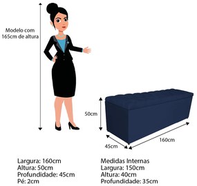 Calçadeira Estofada Liverpool 160 cm Queen Size Suede Azul Marinho - ADJ Decor