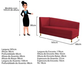 Recamier Valéria 185cm Lado Direito Suede Vermelho - ADJ Decor