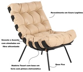 Kit 2 Poltrona Decorativa Sala de Estar Costela Base Preta Couro Bege G34 - Gran Belo