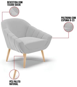 Kit 01 Namoradeira 02 Lugares e 02 Poltronas Giovana Suede Pés Palito Natural D01 - D'Rossi - Cinza