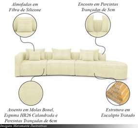 Sofá Curvo Decorativo Kimiko 447Cm 6 Lugares Sala de Estar com Chaise Bouclê Off White G52 - Gran Belo