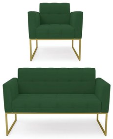 Kit 1 Sofá Namoradeira e 1 Poltrona Elisa Veludo Base Metálica Industrial Dourado - D'Rossi - Verde