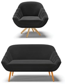 Kit 01 Namoradeira 02 Lugares e 01 Poltrona Giratória Giovana Suede Base Madeira MA30 - D'Rossi - Preto
