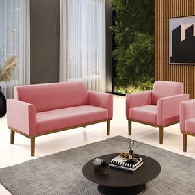 Conjunto Poltrona e Namoradeira Decorativa Isabella Pés Fixo em Madeira Castanho Suede Rose G19 - Gran Belo