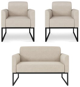 Sofá Namoradeira com 2 Poltronas Base Industrial Preto Marisa Linho - A27 Areia