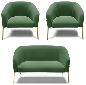 Namoradeira e 2 Poltronas Pé de Ferro Dourado Stella Suede Verde  D03 - D'Rossi