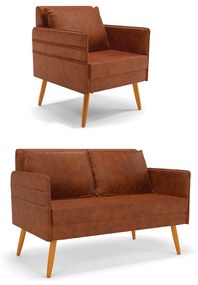 Kit 01 Namoradeira 02 Lugares e 01 Poltrona Mari Corano Nozes Pés Palito Castanho - D'Rossi