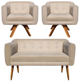Kit 01 Namoradeira 02 Lugares e 02 Poltronas Giratória Julia Suede com Strass Base Madeira MM30 D'Rossi - Bege