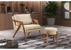Poltrona Decorativa Mona Luxo Madeira Maciça Linho Bege Claro