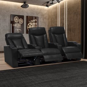 Poltrona Sala de Cinema 3 Lugares Elétrica Reclinável Califórnia Aquecimento Massagem Entrada USB/USB-C PU Preto G94 - Gran Belo