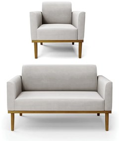 Conjunto Poltrona e Namoradeira Decorativa Isabella Pés Fixo em Madeira Castanho Veludo Cinza G19 - Gran Belo