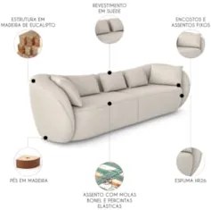 Sofá 3 Lugares 272cm Orgânico Pé Madeira Yume Suede Bege Z55 - Mpozena