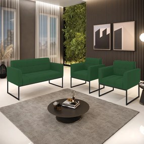 Kit 1 Sofá Namoradeira e 2 Poltronas Elisa Veludo Verde Base Metálica Industrial Preto - D'Rossi