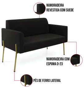 Sofá Namoradeira 2 Lugares Pé de Ferro Dourado Marisa Suede D03 - D'Rossi - Preto