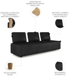 Sofá 3 Lugares 222cm Sala de Estar Rovier Sintético Preto Z32 - Mpozen