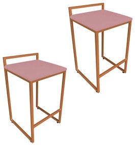 Conjunto 02 Banqueta Alta Industrial Pietra Suede Rose Base Cobre D'Rossi