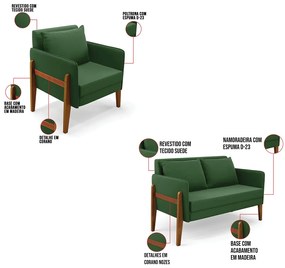 Kit 1 Sofá Namoradeira e 1 Poltrona Lana Suede Base de Madeira D03 - D'Rossi - Verde