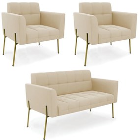 Sofá Namoradeira e 2 Poltronas Pé de Ferro Dourado Elisa Suede D03 - D'Rossi - Bege