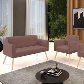 Sofá Namoradeira com Poltrona Pés Palito Natural Marisa Veludo D03 - D'Rossi - Rose