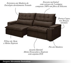 Sofá Retrátil e Reclinável 3 Lugares 210cm Robem Porta Copos no Braço Veludo Marrom G22 - Gran Belo
