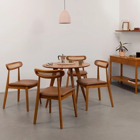 Conjunto Mesa de Jantar Square Laminada Redonda Natural - 88cm + 4 Cadeiras Dalí Encosto Palha Larga - Cognac