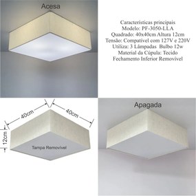 Plafon Quadrado Md-3050 Cúpula em Tecido 40x40X12cm Linho Bege - Bivolt
