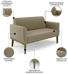 Sofá Namoradeira e 2 Poltronas Base Madeira Castanho Maressa Suede Mar