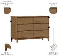 Cômoda Para Quarto 125cm 6 Gavetas Pé Madeira Solvi Freijó F07 - Mpoze