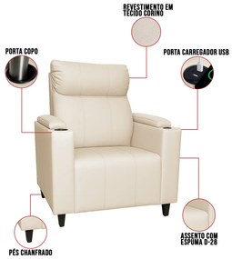 Poltrona do Papai com Puff USB e Porta Copos Ravella Sintético R04 - D'Rossi
 - Bege