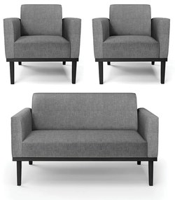 Conjunto 2 Poltronas e 1 Namoradeira Decorativa Isabella Pés Fixo em Madeira Preto Linho Cinza Mesclado G19 - Gran Belo
