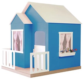 Casinha de Brinquedo Artesanal Janela Lateral Versátil com Cortinas MDF Azul/Branco L12 - Gran Belo
