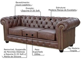 Sofá 3 Lugares Sala de Estar 235cm Chesterfield Pés Madeira Couro Tabaco G40 - Gran Belo