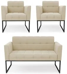 Sofá Namoradeira e 2 Poltronas Base Industrial Preto Ana Suede Bege -