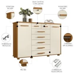 Cômoda Para Quarto 7 Gavetas 160cm Fontaine A02 Off/Cinamomo - Mpozena