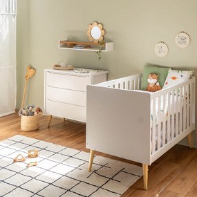 Kit Quarto Theo com Pés Retrô Natural - Berço + Cômoda 3 Gavetas - Branco Fosco