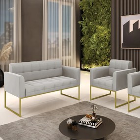Kit 1 Sofá Namoradeira e 1 Poltrona Elisa Veludo Base Metálica Industrial Dourado - D'Rossi - Cinza
