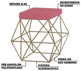 Puff Decorativo Sala de Estar Base Gold Trixie Suede Rosa G41 - Gran Belo