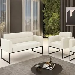 Sofá Namoradeira e 1 Poltrona Base Industrial Preto Ana Veludo Bege -