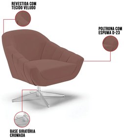 Poltrona Giratória Giovana Veludo Base Cromada D03 - D'Rossi - Rose