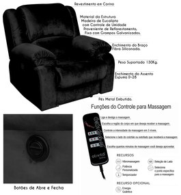 Poltrona do Papai Reclinável Elétrica com Massagem Magnum Veludo Preto G23 - Gran Belo
